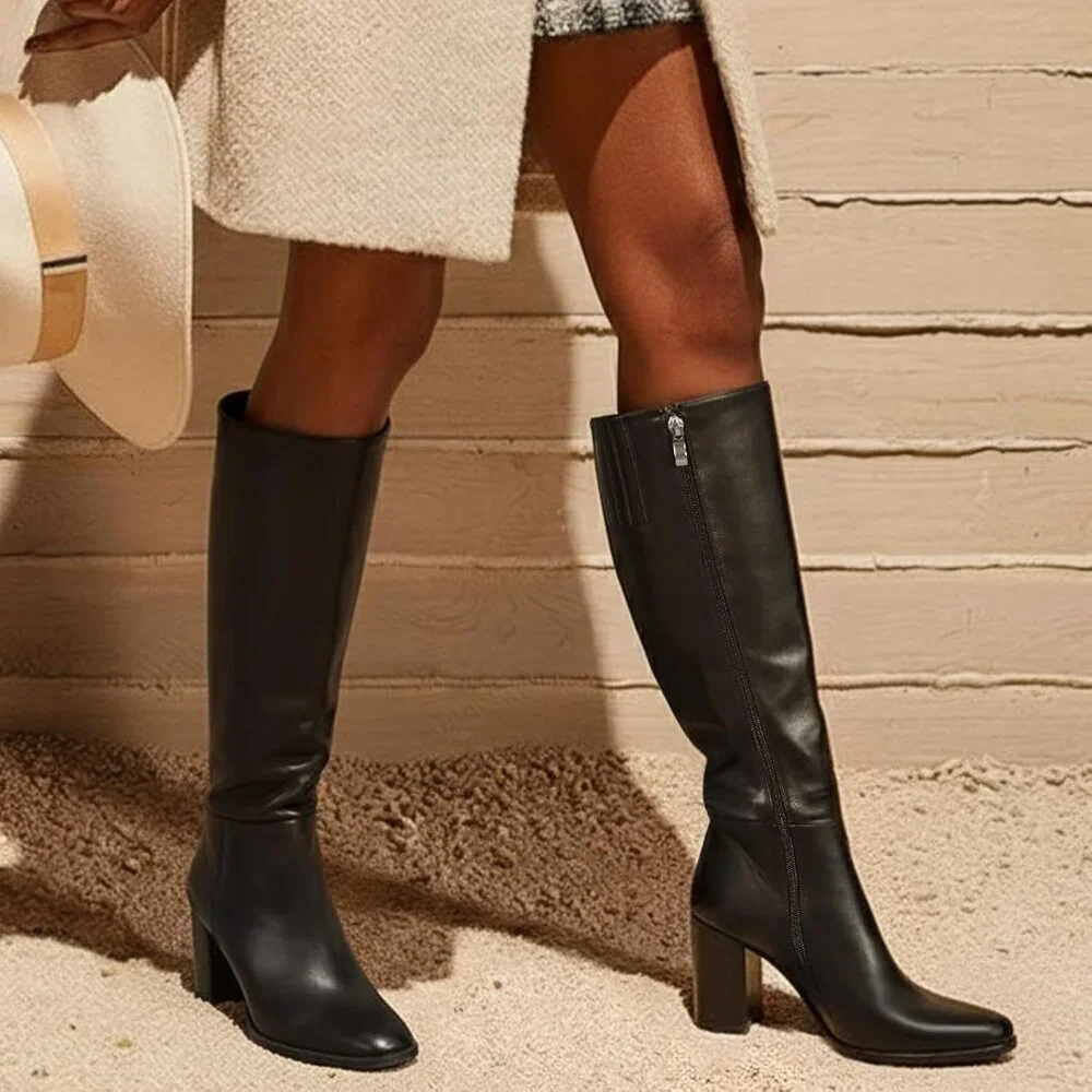 Women's Black Knee High Boots Round Toe Side Zip Chunky Heel Boots Rubber